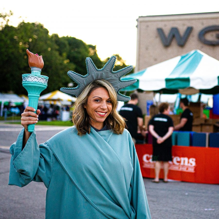 Lady Liberty posing in front of WGN