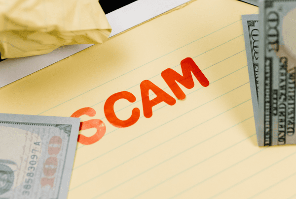 yellow paper with the word scam written on it