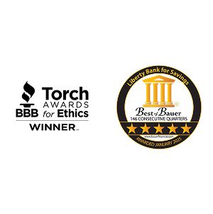 Logos from the Best of Bauer winner logo and Torch Ethics winner logo. This was awarded to Liberty Bank for outstanding customer service. Trophy from Park Ridge Chamber award winner Business of the Year 2024